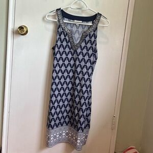 Chic Navy and White Patterned Midi Dress